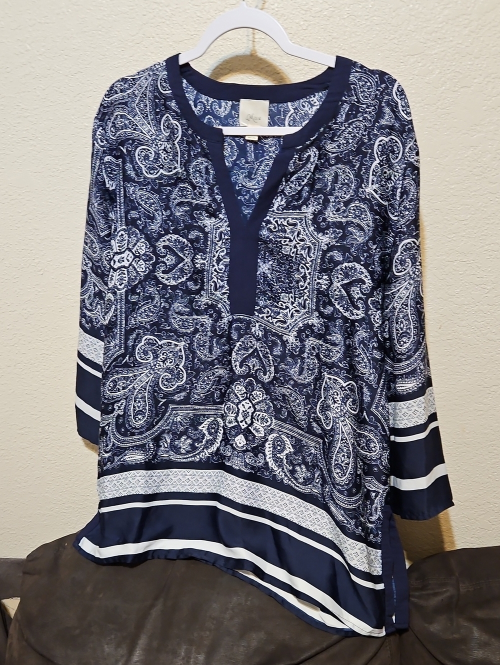Misia Navy and White Paisley V-Neck Tunic